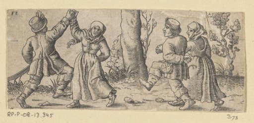 Two dancing peasant couples, trees in the background