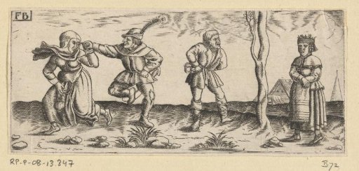 Dancing peasant couple, beside her a peasant woman who does not want to dance
