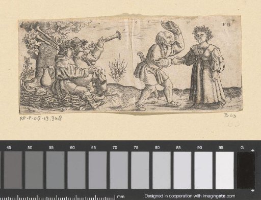 Musicians under a tree, beside them a peasant man asking a peasant woman to dance