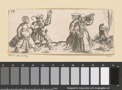 Two dancing peasant couples, to the right a tree stump