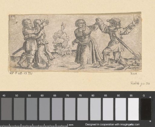 Two dancing peasant couples, a bush in the middle