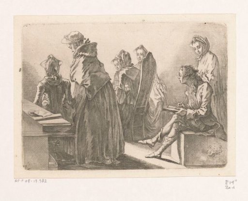 Six ladies with the artist in his room