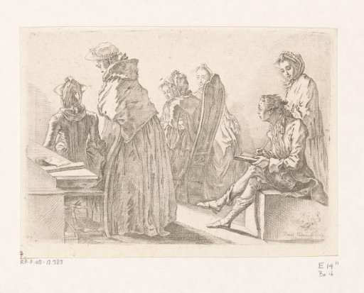 Six ladies with the artist in his room