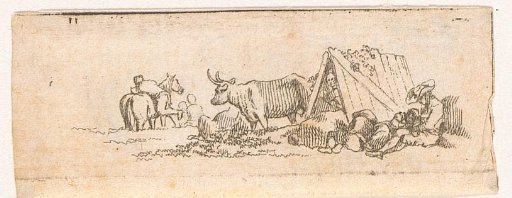 Ox and peasants at a hut
