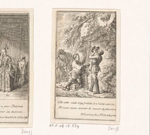 Don Quixote and Sancho Panza drinking water from a rock