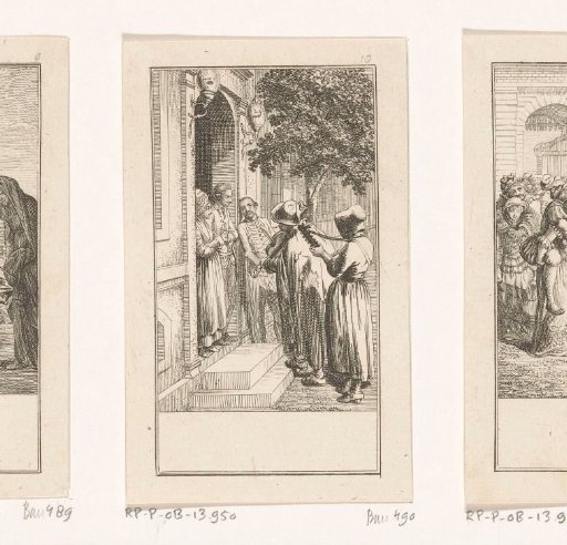 Two poor musicians at the door of a house