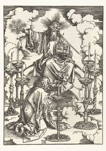 John the Evangelist kneels before Christ amidst seven candlesticks