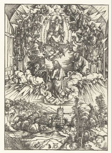 Saint John the Evangelist Kneels before Christ and the Lamb with Seven Horns and Seven Eyes