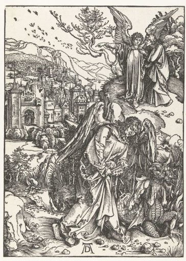 An Angel Casts a Dragon into a Pit; an Angel Shows Saint John the Evangelist the New Jerusalem
