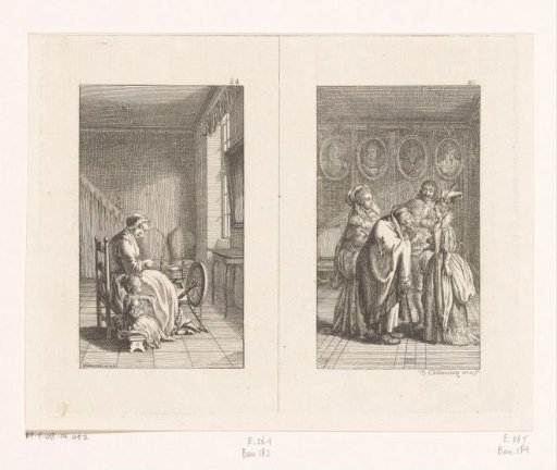 Mother and daughter beside a spinning wheel, accompanied by a Roma woman reading