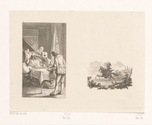 Gil Blas as a servant and vignette with Gil Blas on horseback