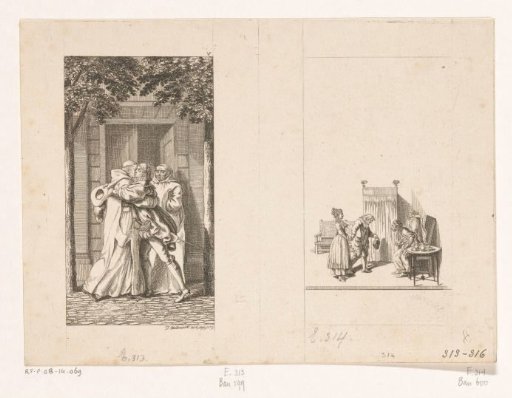 Gil Blas embracing Brother Hilario and vignette with Antonie introduced to Gil Blas