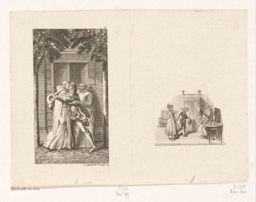 Gil Blas embracing Brother Hilario and vignette with Antonie introduced to Gil Blas