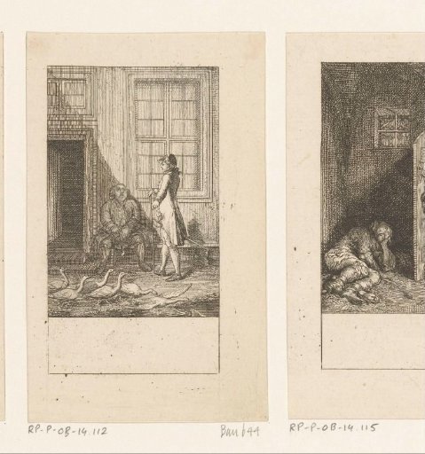 Two men and a group with geese in front of a house