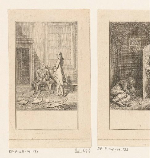 Two men and a group with geese in front of a house