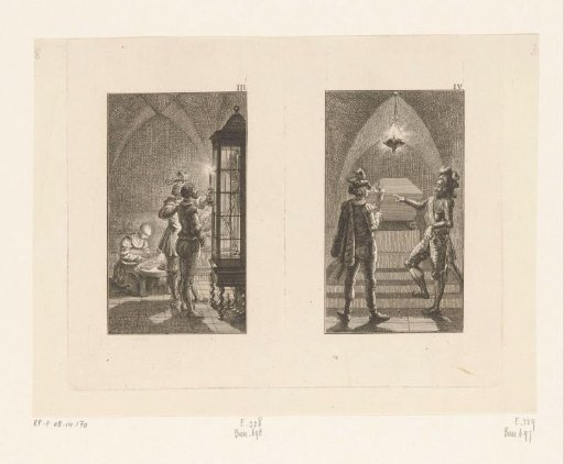 Skeleton of the lover in a display case and chalice from which flowers grow