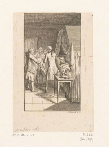 Three physicians discussing beside the bed of a sick man
