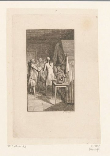 Three physicians discussing beside the bed of a sick man