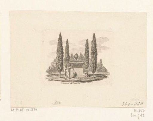 Mourning figures and a woman scattering flowers before a tomb monument