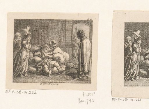 Nushirvan lies wounded on a cushion, surrounded by his weeping daughter and maids