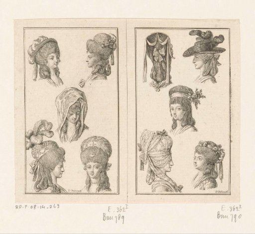 Two representations with hairstyles and headgear for ladies