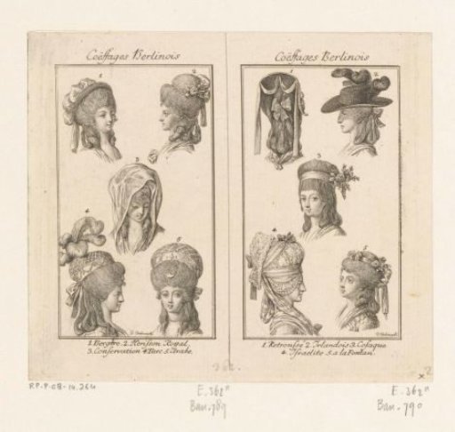 Two representations with hairstyles and headgear for ladies