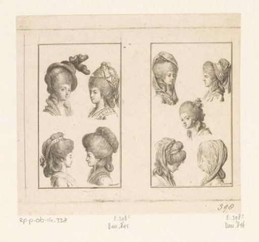 Two scenes with hairstyles and headgear for ladies