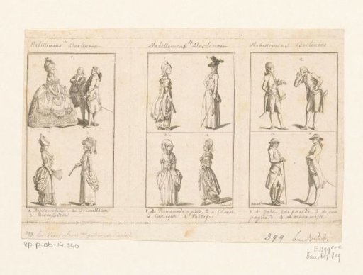 Three scenes with clothing for ladies and gentlemen