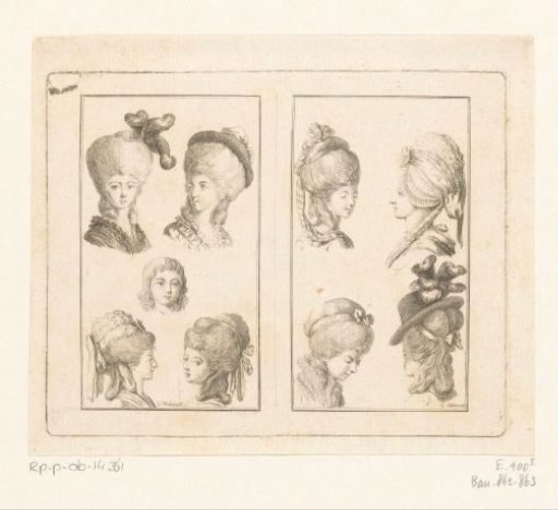 Two scenes with hairstyles and headgear for ladies