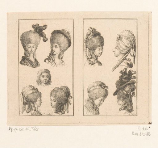 Two scenes with hairstyles and headgear for ladies