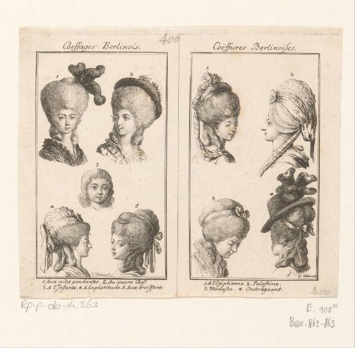 Two scenes with hairstyles and headgear for ladies