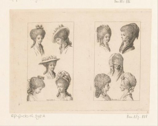 Two depictions with hairstyles and headgear for ladies