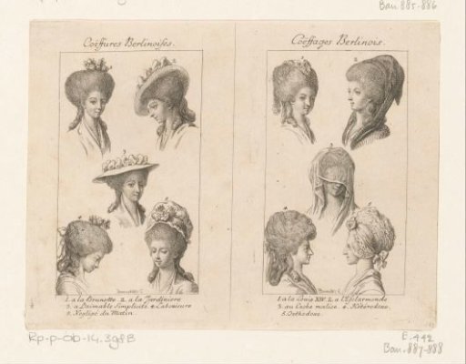 Two depictions with hairstyles and headgear for ladies