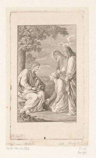Christ listens to the kneeling wife of Zebedee, James and John stand behind their mother