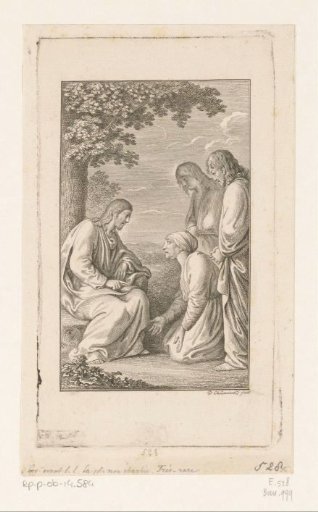 Christ listens to the kneeling Zebedee, James and John stand behind their mother