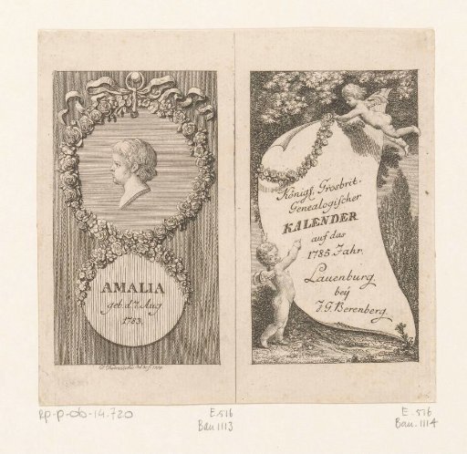 Portrait of Amelia and a title page held up by putti