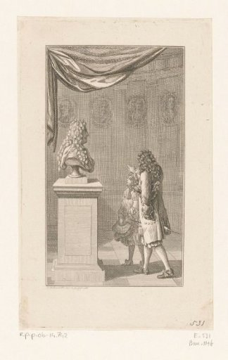 Man shows a boy the bust of Louis XIV