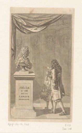 Man shows a boy the bust of Louis XIV