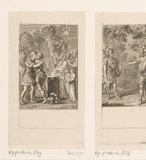 Aufidius embraces Coriolanus at the sacrifice to the gods