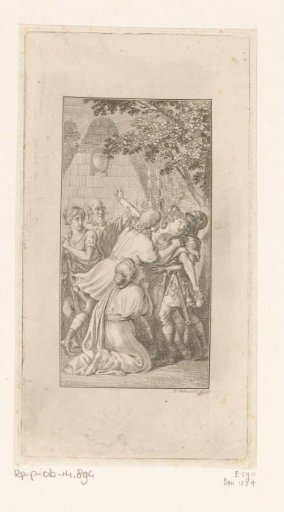 Orestes falls into the hands of a soldier as Pylades arrests him. Electra sits beseeching beside them