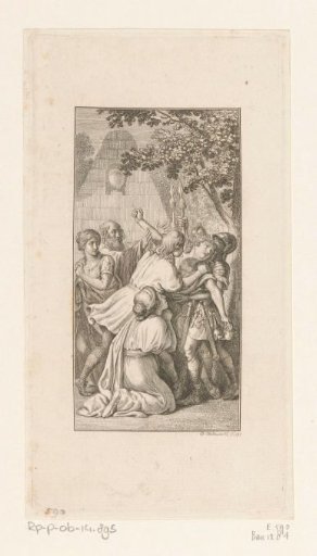 Orestes falls into the hands of a soldier as Pylades arrests him. Electra sits beseeching beside them