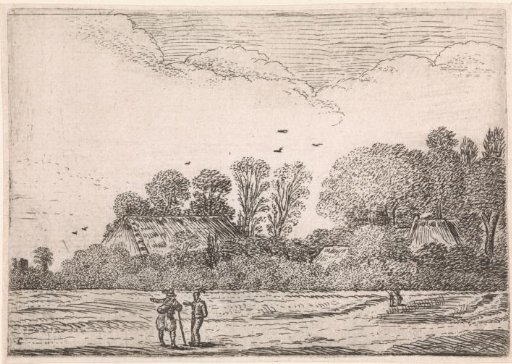 Field with two farms and trees in the background