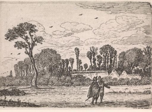Men conversing on a field with trees and a farm