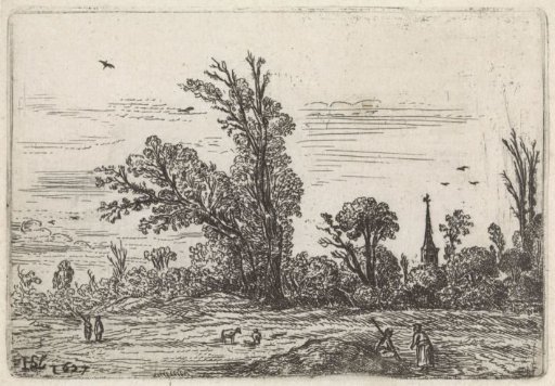 Field with figures, trees and church tower