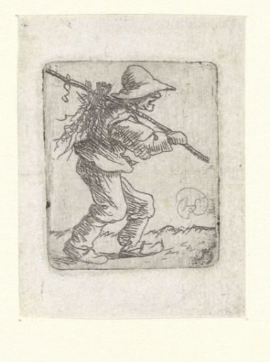 Walking farmer with a bundle of sticks over his shoulder