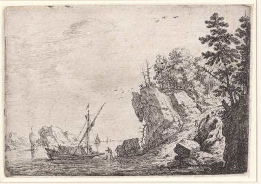 Sailing ships before a rocky coast