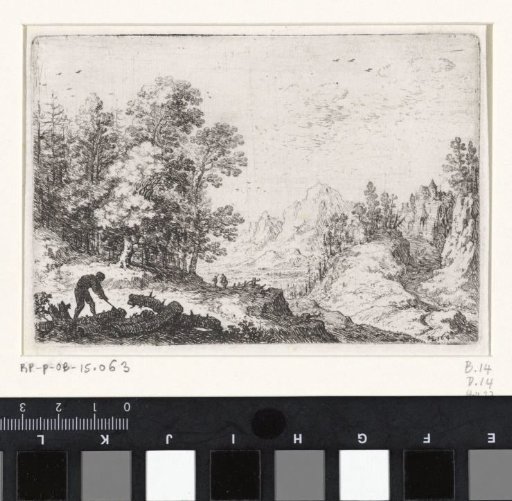 Woodcutter at work in a mountainous landscape