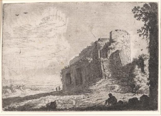 Landscape with ruins and a sitting man in the foreground