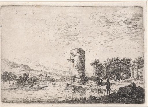 Ruins and a round tower on the bank of a river