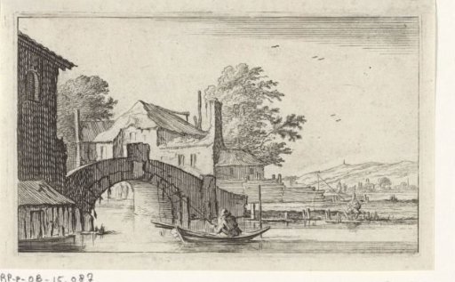 Rowing boat in front of a stone bridge